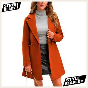 Wool Pea Coat Notched Collar Double Breasted Midi Long Trench Coat